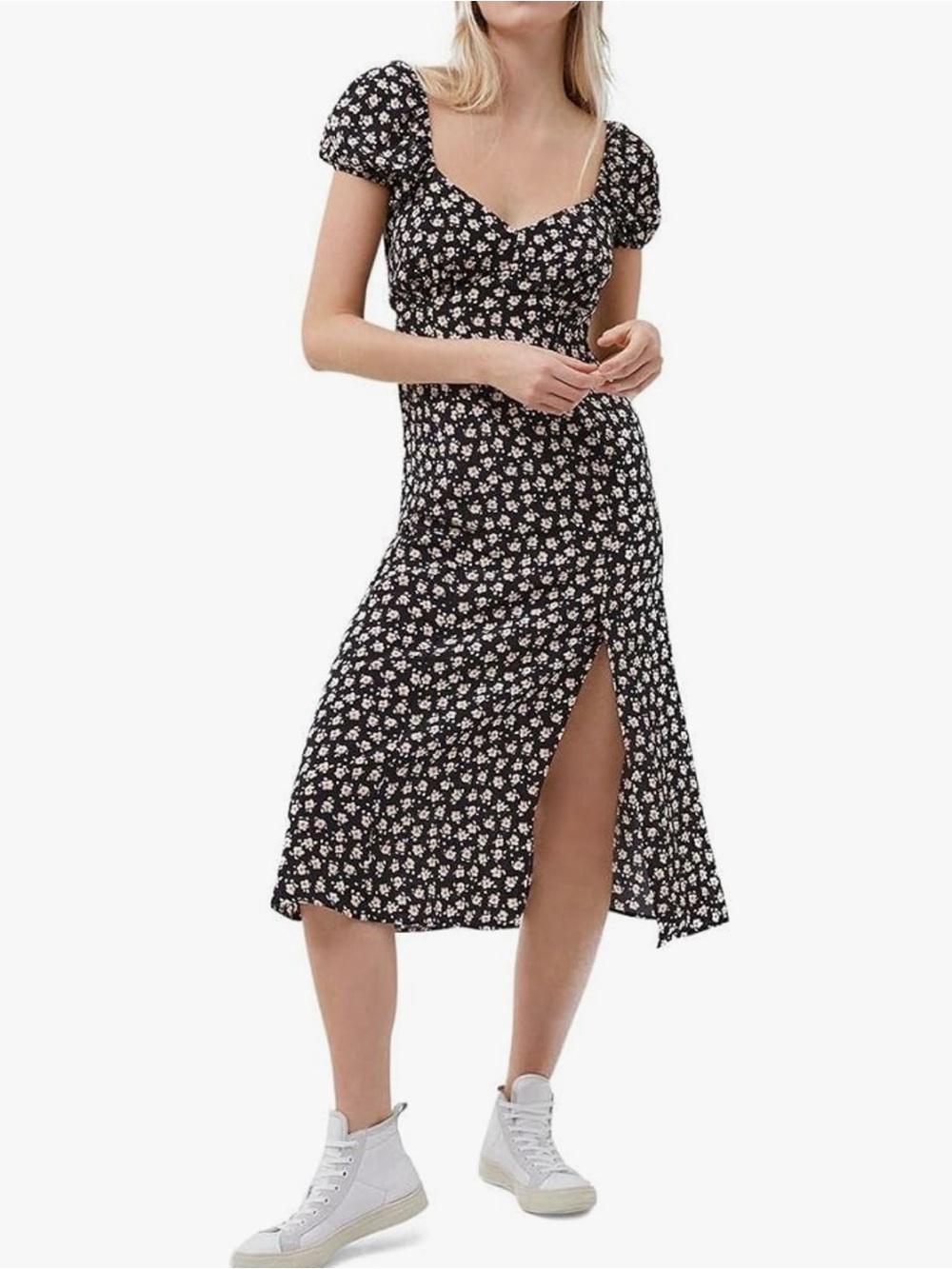 French‎ Connection Black Aura Drape Floral Midi Dress Puff Sleeves Front Slit 8